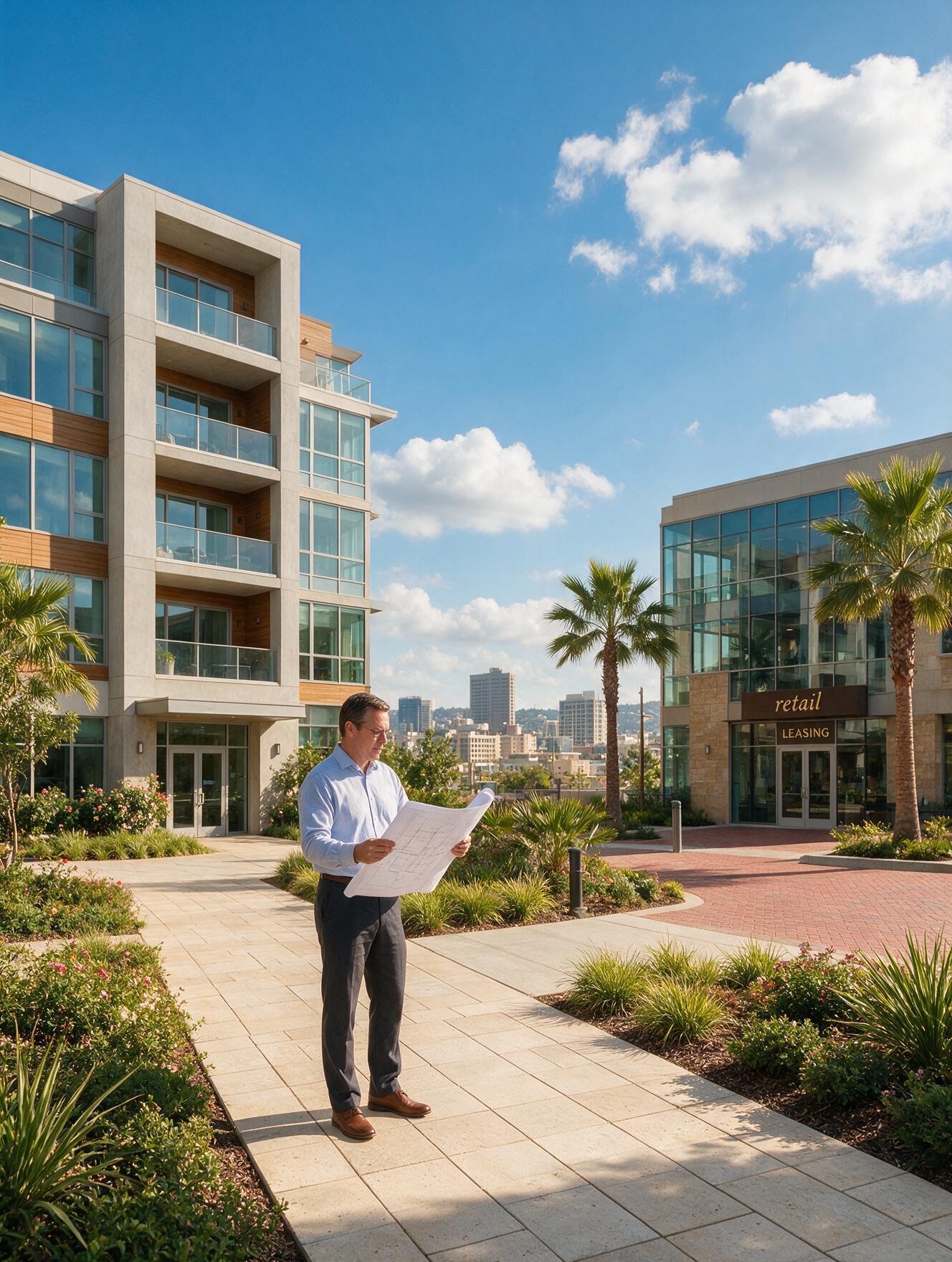 A TX Sparks property professional reviewing building plans in front of a mixed-use development